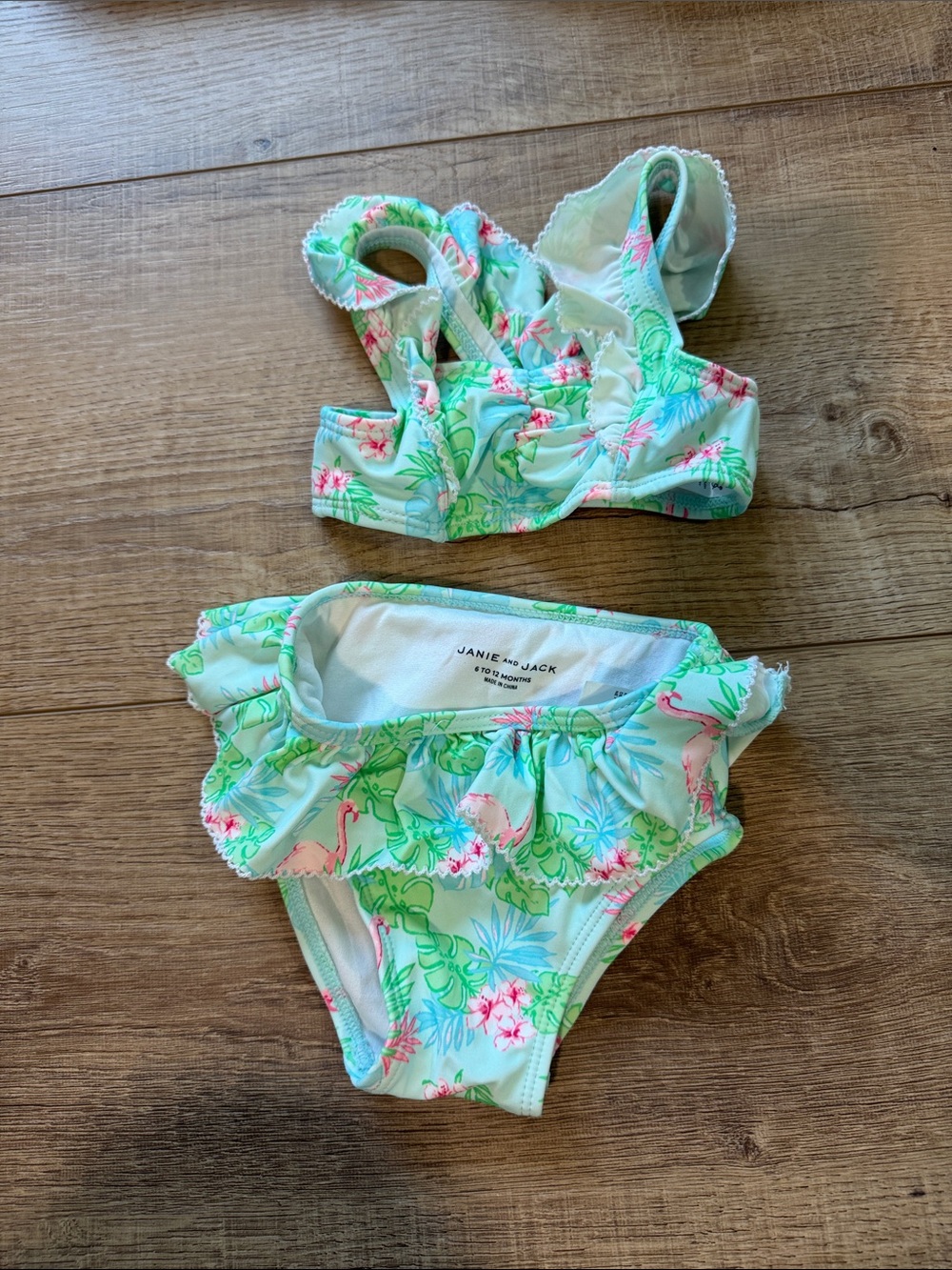 Janie and Jack Mint Floral Flamingo Ruffle Two-Piece Swim Set size 6-12 months